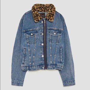 Zara Denim Jacket w Faux Fur Leopard Collar Size M
